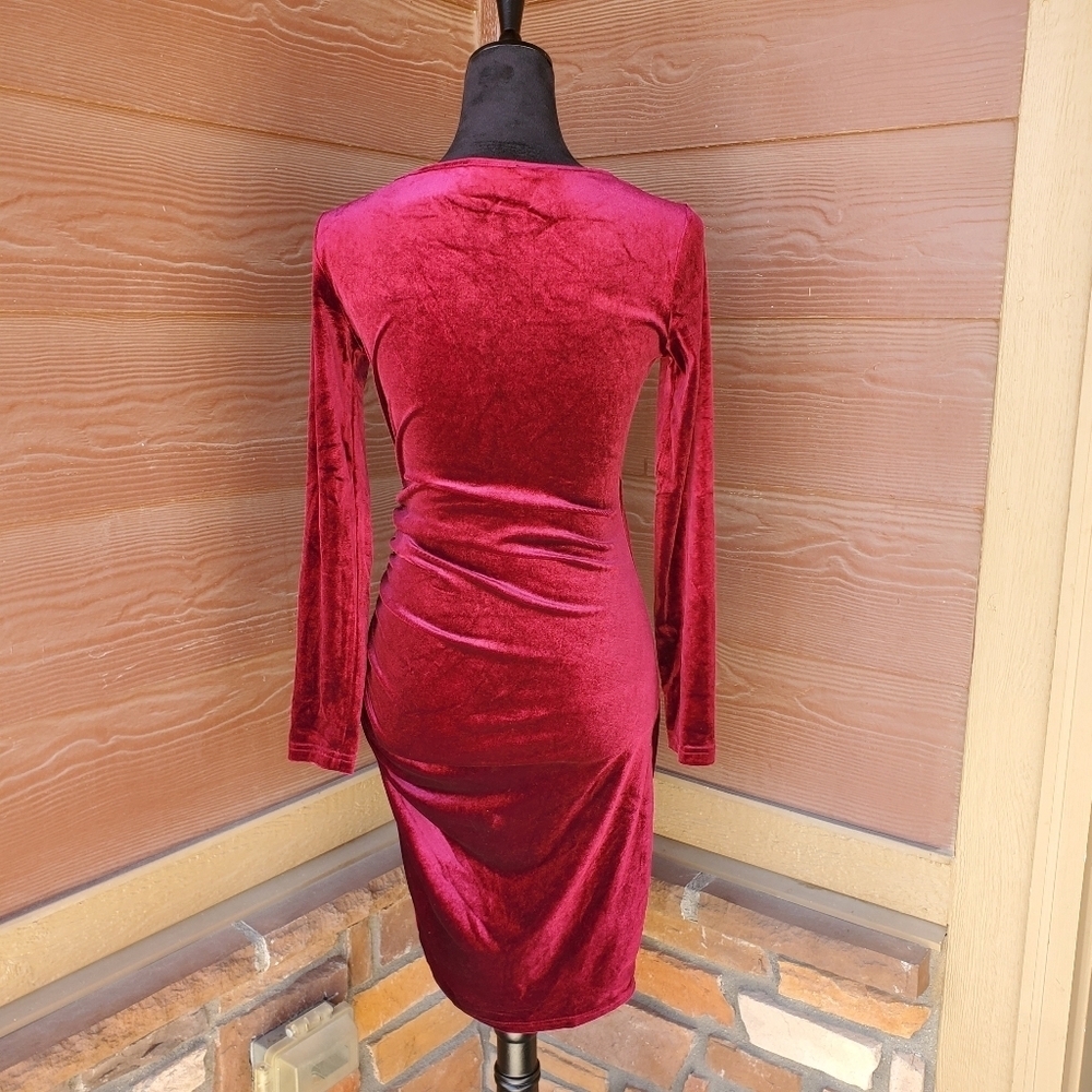 Guberry Burgundy Red Velvet Faux Wrap Ruched Long Sleeve Stretchy Plunge Dress - Picture 5 of 14